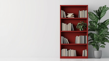 red bookshelf with multiple compartments on white background , bookcase , plants in pot 