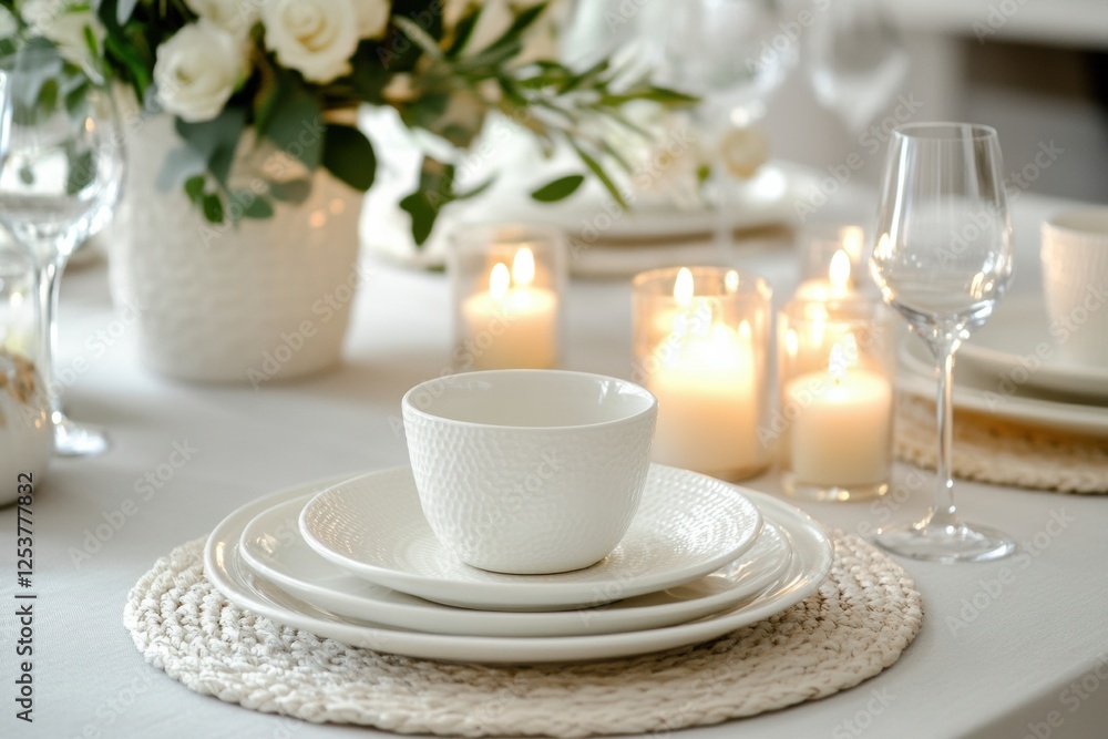 Poster Elegant festive dining table with glowing candles and fresh flowers for a delightful gathering. Generative AI