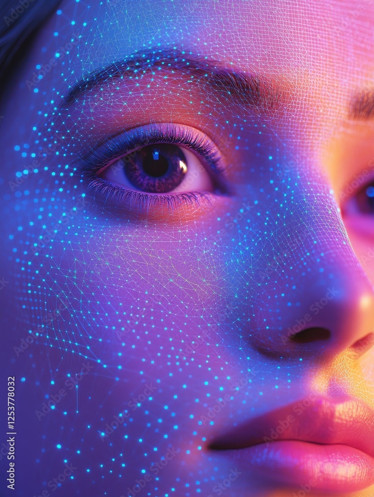 Poster a woman's face with a grid of grids applied on top of it. concept of cosmetic procedures. digital fa