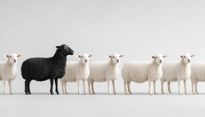 Fototapeta premium Lone black sheep standing apart yet within a group of white sheep symbolic and artistic imagery for themes of uniqueness and independent thinking