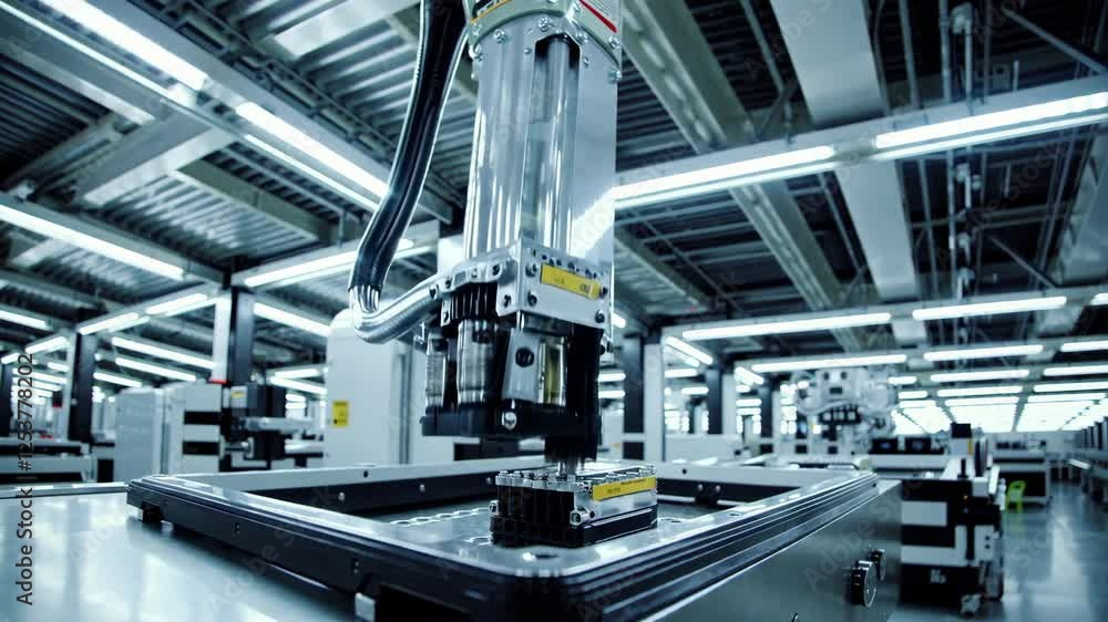 Poster robotic arm performing precise tasks in an advanced refinery facility
