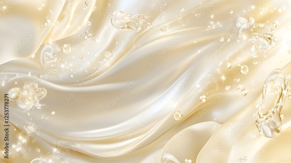 Poster elegant and luxurious flowing satin fabric texture with shimmering beige and ivory tones creating an