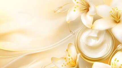 Elegant and luxurious cream skincare moisturizer with delicate floral accents against a soft beige background  cosmetic product displayed in a professional still life studio setting