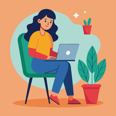 a girl is using his laptop vector
