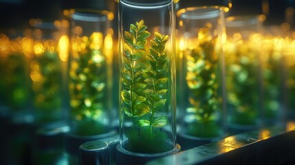 A close-up of test tubes containing vibrant green plants, showcasing scientific growth and research.