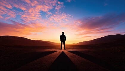 Obraz premium Man standing at a crossroad in the middle of a deserted landscape deciding which path to take symbolic of choices and lifes turning points