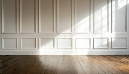 Fototapeta premium Minimalistic white paneled door in a beige room with polished wood flooring clean and elegant interior perfect for home decor and design inspirations