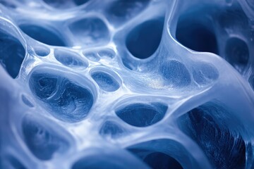 Abstract close-up of a translucent blue substance with a porous, cavernous texture.