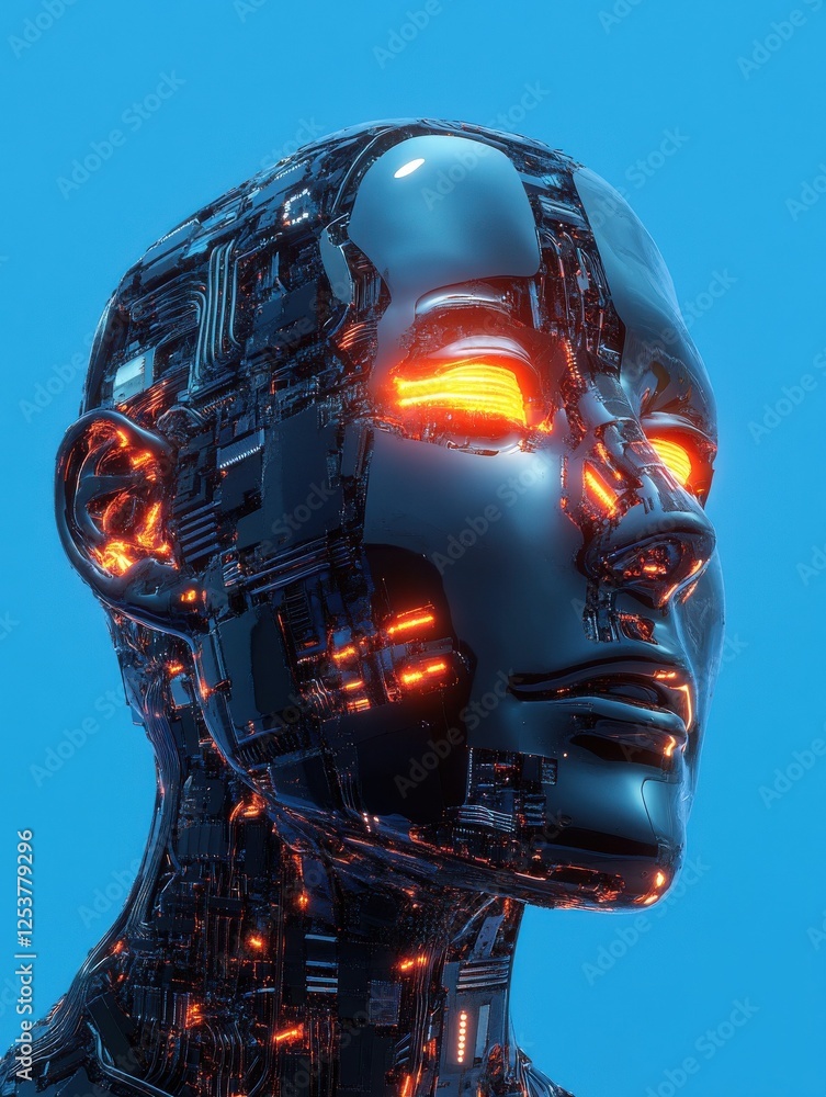 Poster glowing circuit head on blue backdrop. 3d rendering.