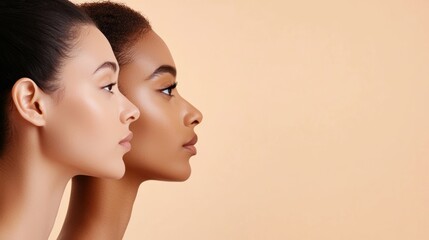 Profile lineup of diverse women in soft lighting representing unity beauty and strength across cultures inspiring visual for empowerment themes