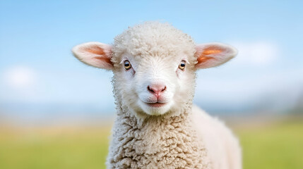Fototapeta premium Cute lamb in spring pasture, sunny day. Farm animal photography for websites