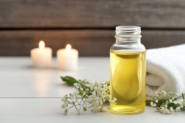 Relaxing aromatherapy setup with essential oil and candles at a serene spa