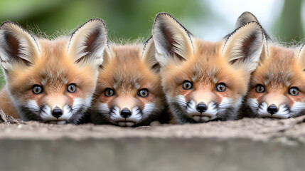 Obraz premium Four red fox kits peering from burrow, forest background, wildlife photography