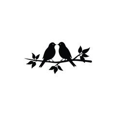 Black Silhouette two birds on a branch, valentine day vector.