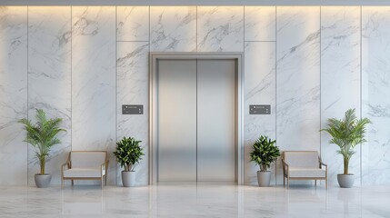 Obraz premium Stainless steel elevator doors in luxury skyscraper lobby