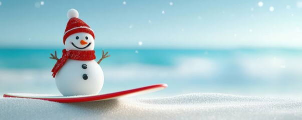 Fototapeta premium Snowman in winter gear on a surfboard at the seaside charming and quirky visual merging seasonal contrasts of snow and sand