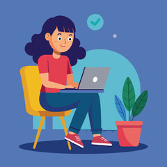 a girl is using his laptop vector