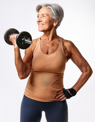 Fit senior woman with silver hair, wearing a beige sports top and navy leggings, confidently lifting a dumbbell with a smile. She radiates strength, health, and determination