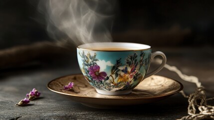 Steaming Herbal Tea in Elegant Floral Cup on Rustic Table
