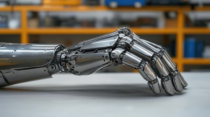 Stainless steel cybernetic arm in futuristic workshop