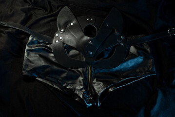 Sexy set of cat mask and leather shorts on black background