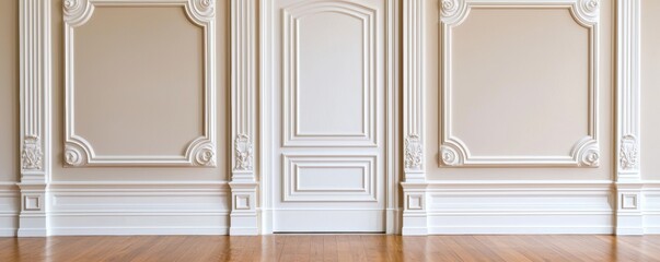 Symmetrical white door against a beige wall with detailed trim and wood floor classy and versatile backdrop for architectural or interior concepts