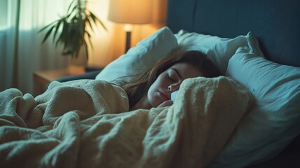 Woman sleeping in bed under a warm blanket, recovering from an illness
