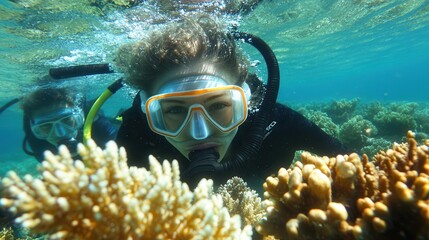 Two individuals equipped with scuba gear are submerged in water, exploring the underwater environment and showcasing their diving skills.