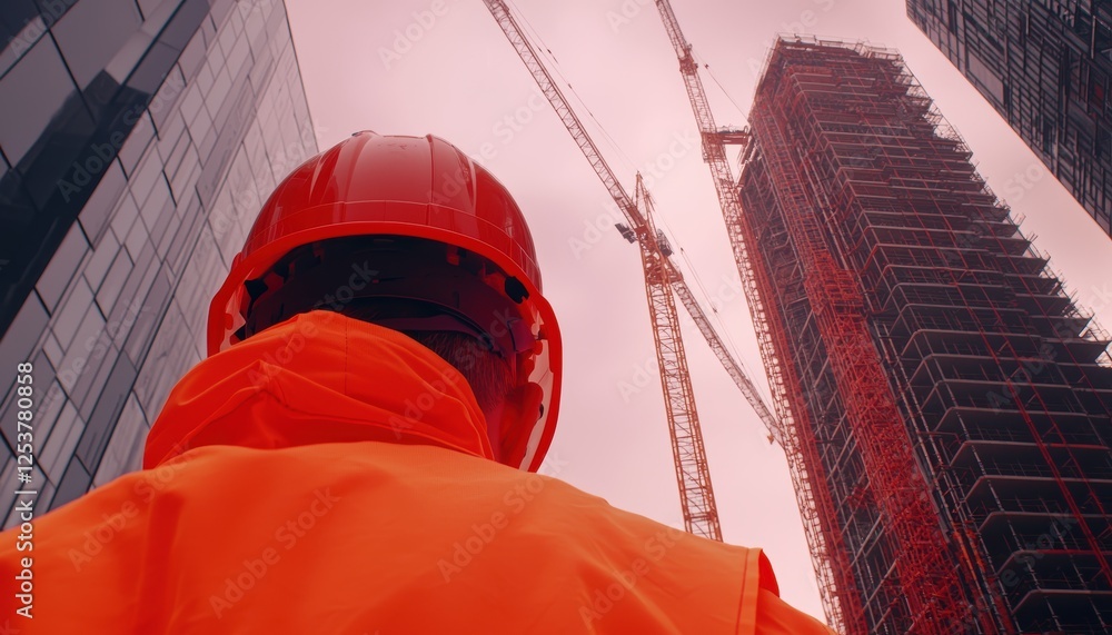 Poster worker in reflective gear facing a large construction project with cranes and scaffolding striking c