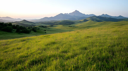 Obraz premium Rolling green hills and grassy meadows stretch toward a distant mountain peak under a soft morning sky.