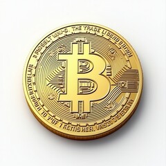 Close-Up of a Detailed Bitcoin Coin in Shimmering Gold Finish on a White Background, Ideal for Representing Cryptocurrency Themes, Digital Investment, and Modern Finance Concepts