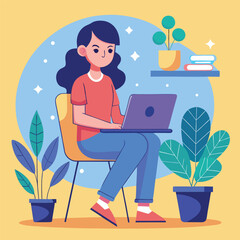 a girl is using his laptop vector