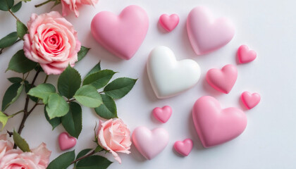 Varios corazones en tonos de rosa y blanco, dispuestos junto a rosas de color rosa suave con hojas verdes, sobre un fondo blanco liso