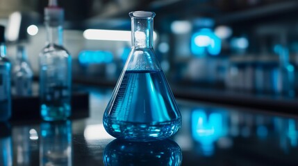 A blue liquid is in a glass beaker on a table. The table is surrounded by other glassware, including bottles and vials. Concept of scientific experimentation and discovery