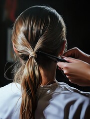 Fototapeta premium Unrecognizable hairdresser cutting hair of her beautiful young c