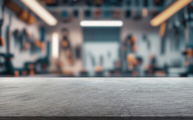 Scratched steel table top and service shop background
