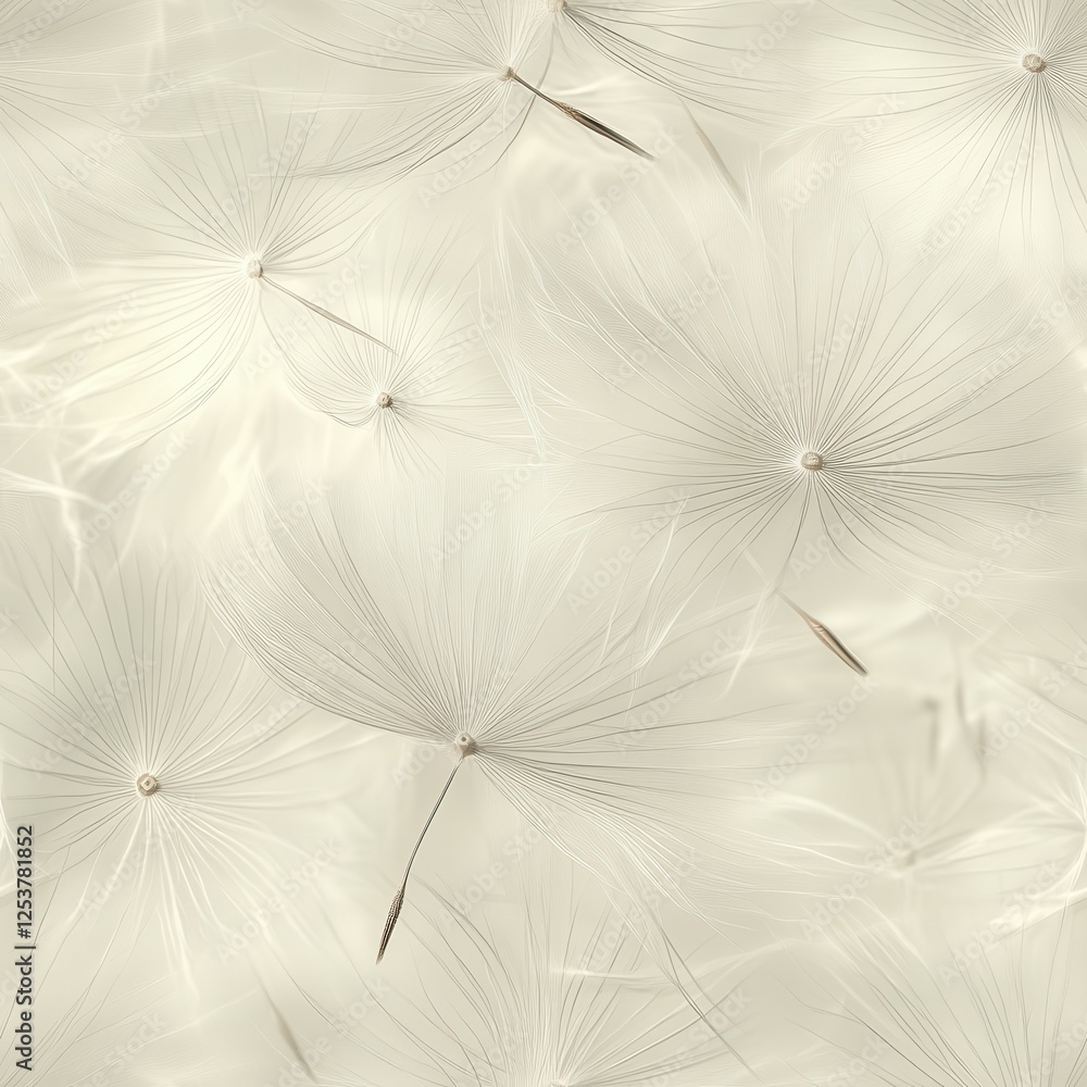 Poster delicate white dandelion seeds on a soft beige background with ethereal textures and gentle interpla