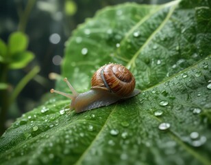 A snail slowly crawling on a lush green leaf with delicate veins and tiny droplets of dew , movement, vegetation