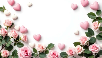 Varios corazones en tonos de rosa y blanco, dispuestos junto a rosas de color rosa suave con hojas verdes, sobre un fondo blanco liso