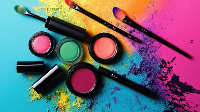 Vibrant Makeup Palette: Colorful Cosmetics and Brushes on a Multicolored Background