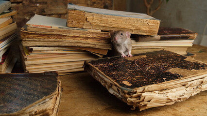 Gray and brown rat run among old books.