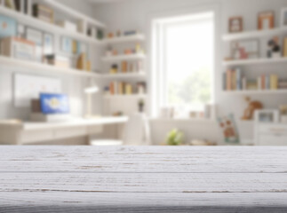 Empty wooden table top on blurred schoolchild room interior background