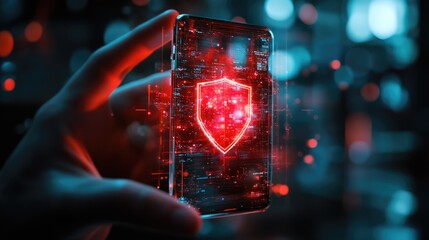 A hand holding a smartphone displaying a glowing shield symbol, representing digital security.