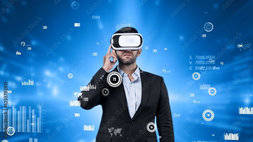 Poster project manager wearing vr headset while analyzing at financial statistic. business man wearing virt