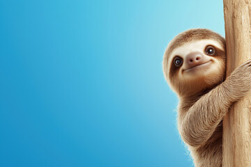 Fototapeta premium Smiling sloth climbs a tree against a clear blue sky during daylight hours