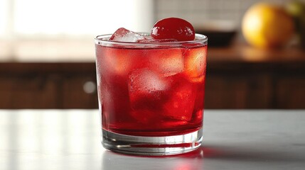 Red cocktail with ice and cherry on kitchen counter