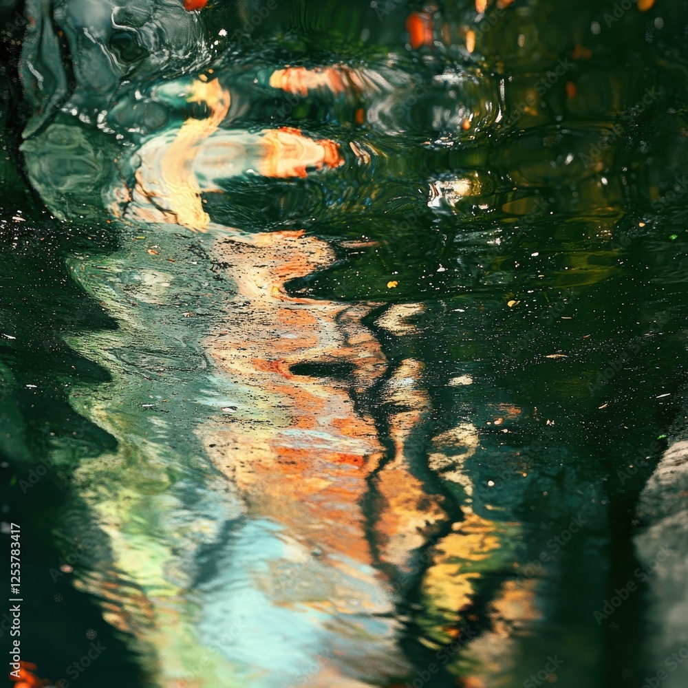 Poster abstract reflections in water showcasing vibrant colors and dynamic textures, emphasizing fluid move