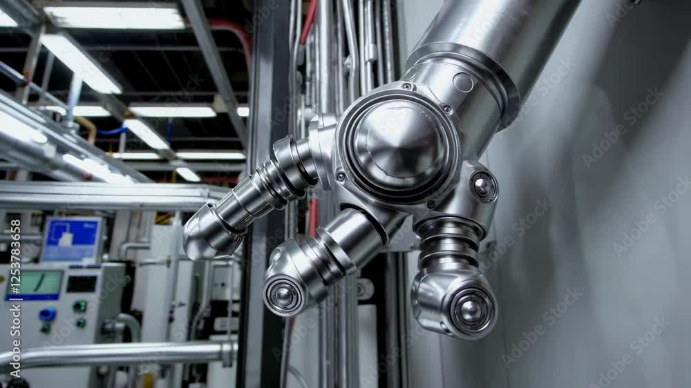 Poster robotic arm performing precise tasks in an advanced refinery facility