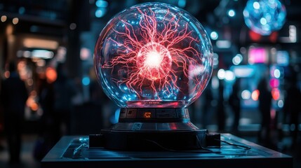 Plasma globe display, museum exhibit, night, blurred background, science education