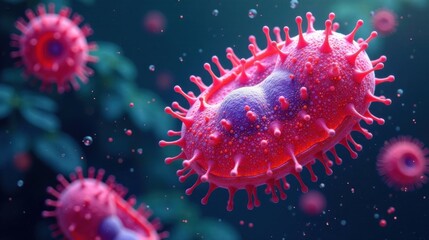 Microscopic View of a Vivid Pink Virus Particle with Surface Spikes, Surrounded by Smaller Particles in a Dark Blue Environment